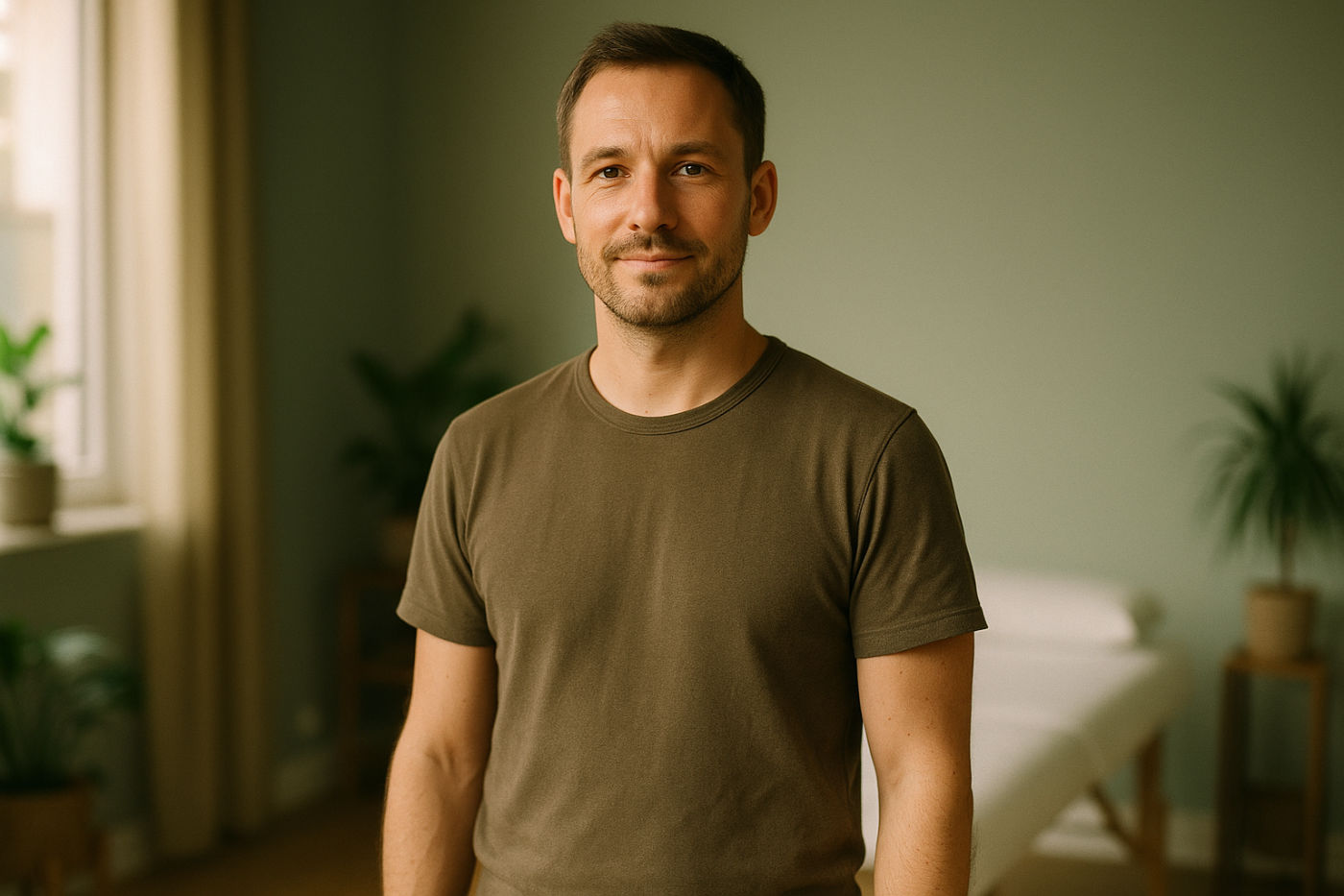 Selbstbewusster Wellness-Masseur in seinem eigenen, hell und ruhig gestalteten Studio an der Massageliege