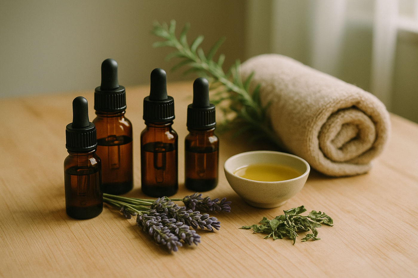 ätherische Öle und Massageöl im Wellness-Setting