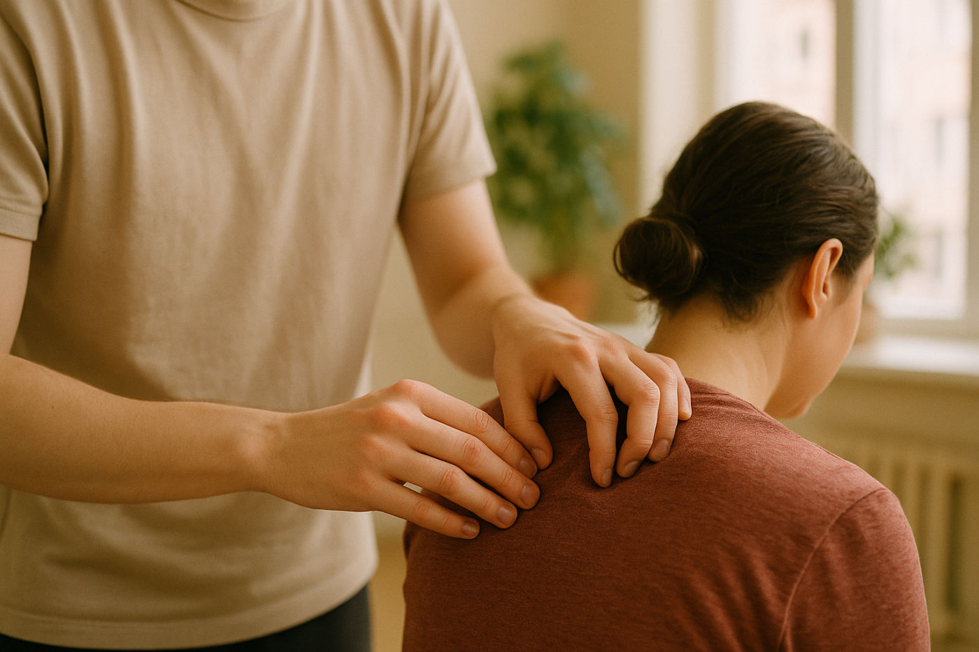Anfänger übt einen einfachen Massagegriff an einer bekleideten Schulter im Kursraum