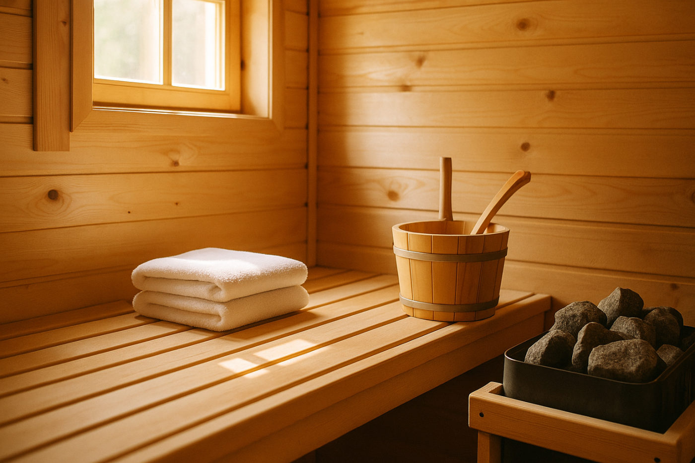 Gemütliche Holzsauna mit Handtüchern und Aufguss-Kübel