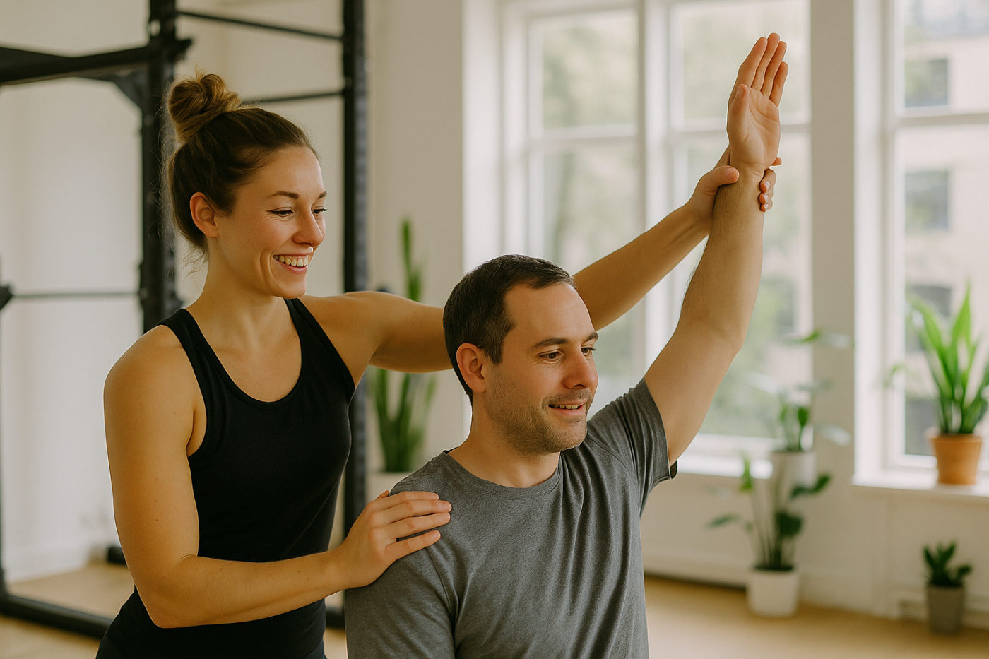 Fitnesstrainer leitet eine Mobility-/Dehnübung an