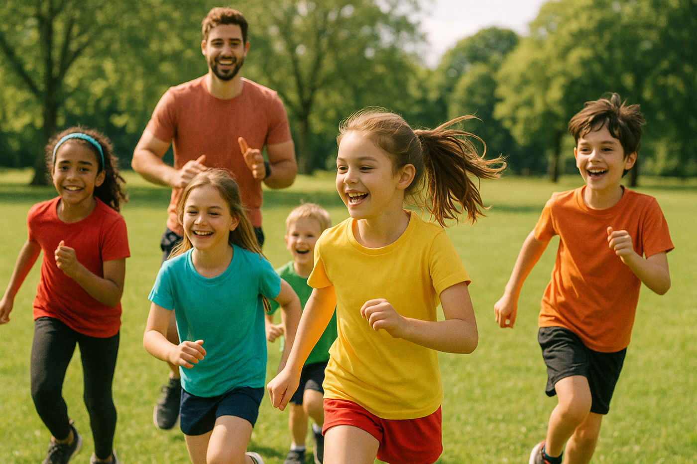 Kinder beim fröhlichen Ausdauer- und Bewegungstraining im Park