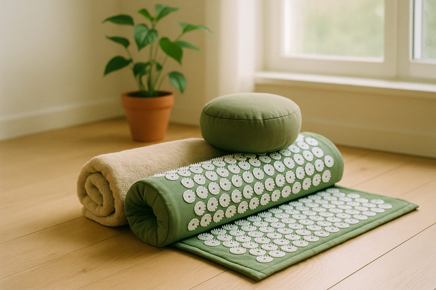 Akupressurmatte mit Spitzen und Handtuch im Wellness-Setting