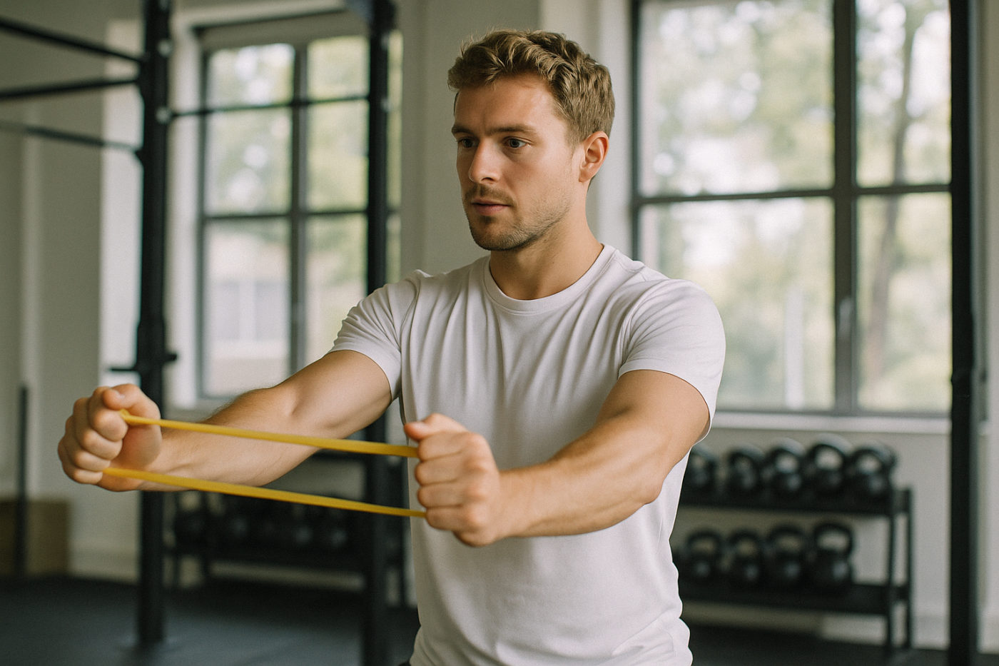 Person beim Krafttraining mit dem Theraband im Fitnessstudio