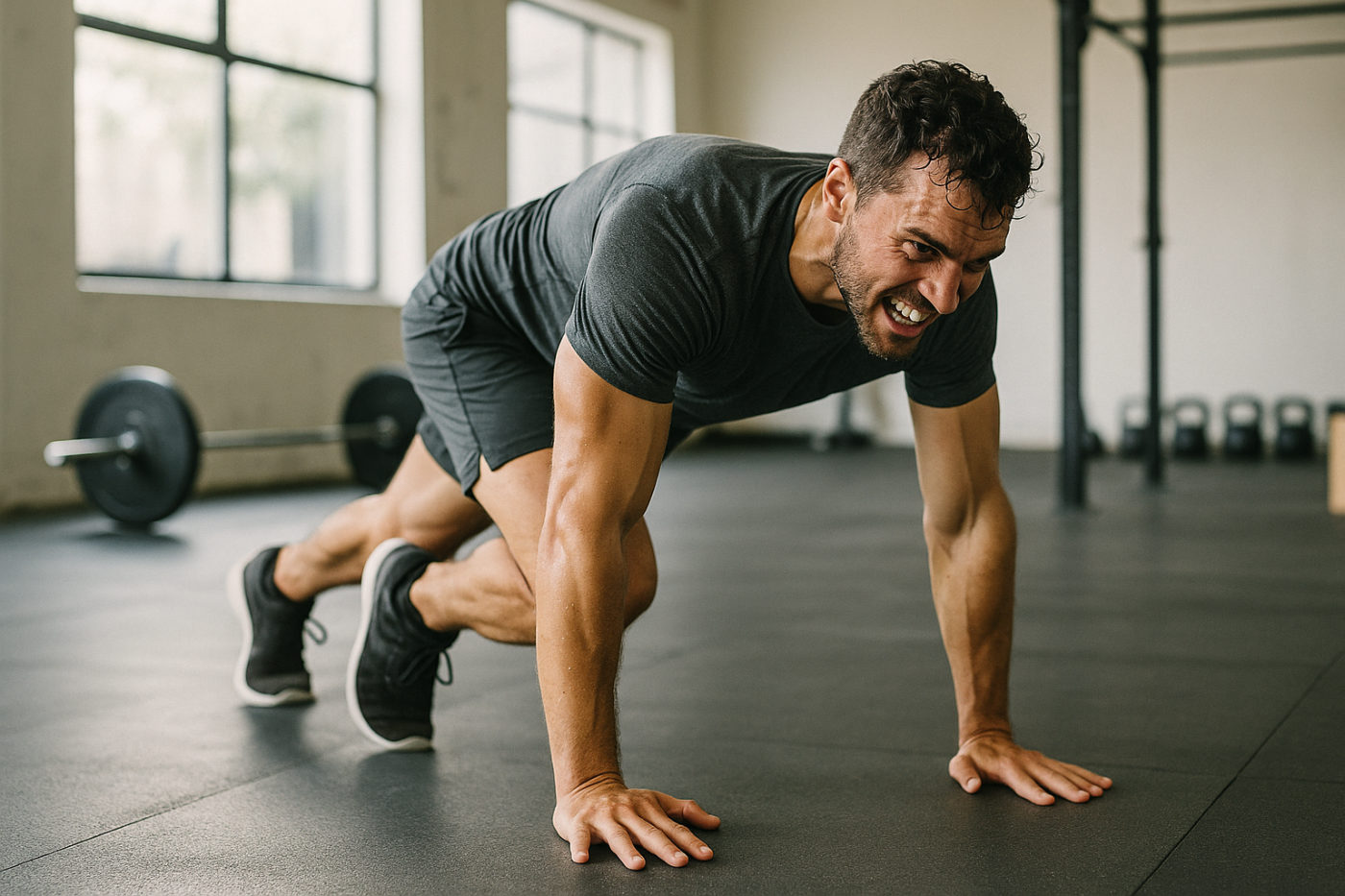 Person beim intensiven HIIT-Workout im Fitnessstudio, sichtbar angestrengt während einer Belastungsphase