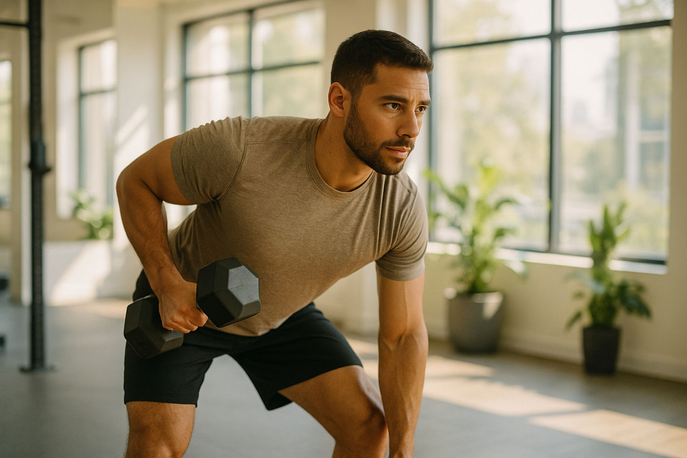 Person beim Krafttraining mit Kurzhanteln in einem hellen, modernen Fitnessstudio