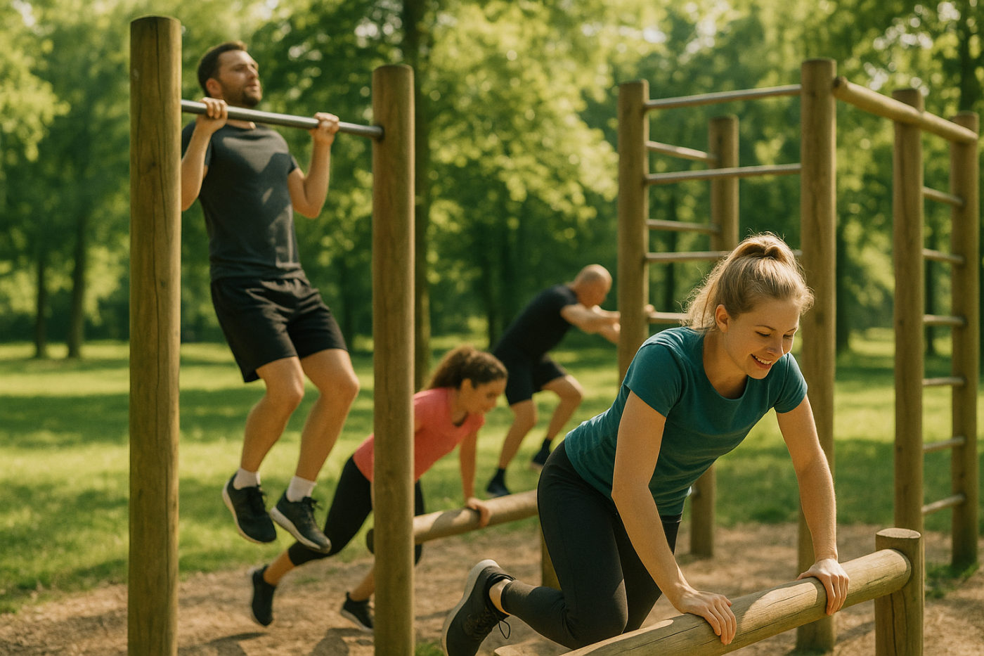 Menschen beim Training an einem Outdoor-Fitness-Parcours im Park