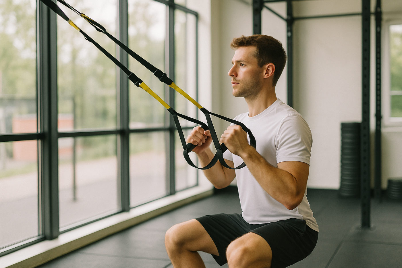Person beim Sling-Training an Schlingen in einem hellen Fitnessstudio