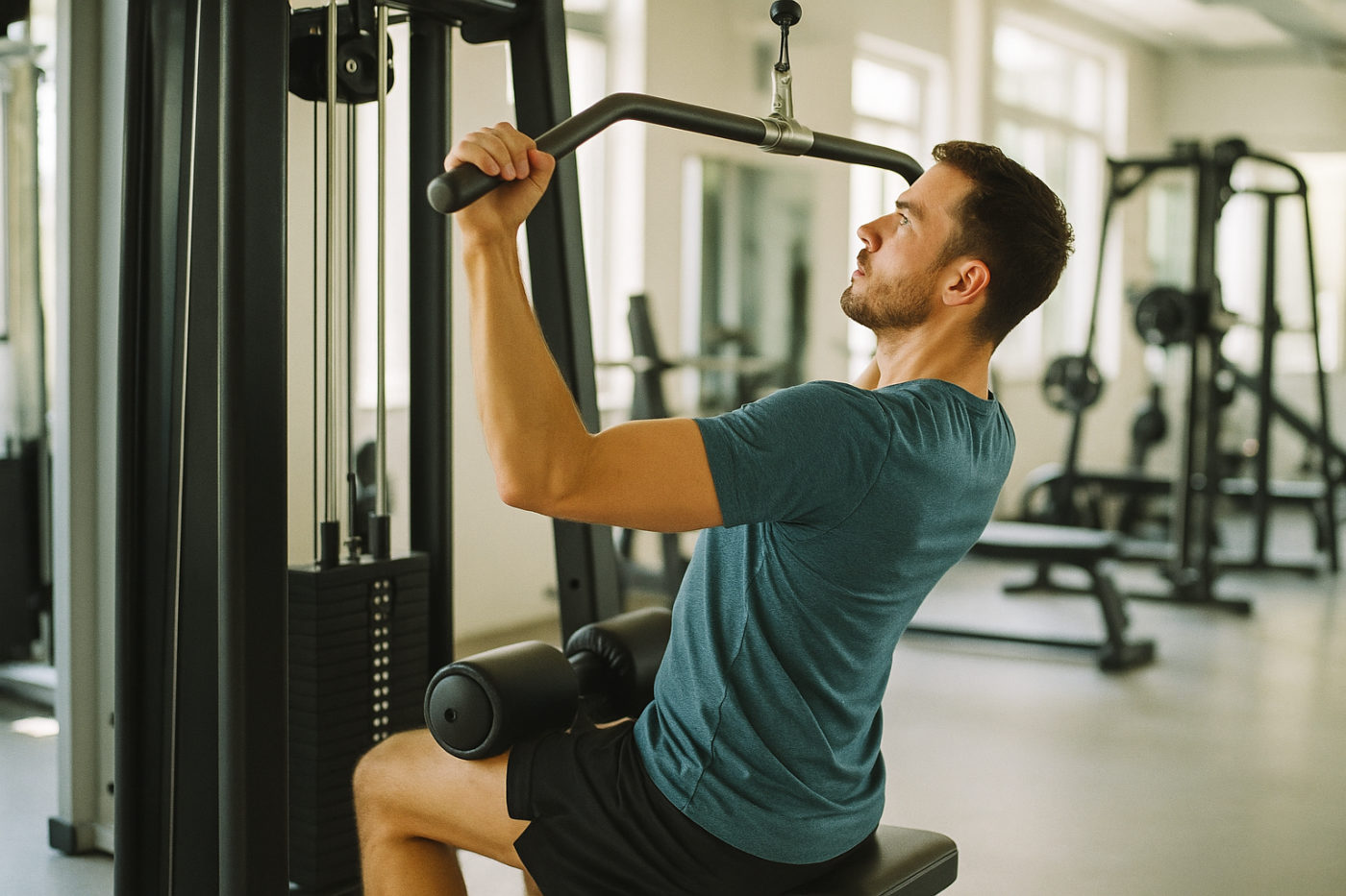 Person beim Krafttraining an einer Fitnessmaschine im Studio