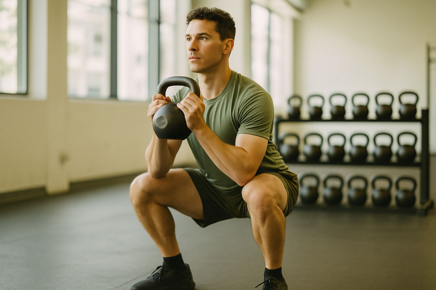 Person führt im Fitnessstudio eine Kettlebell-Übung mit korrekter Technik aus