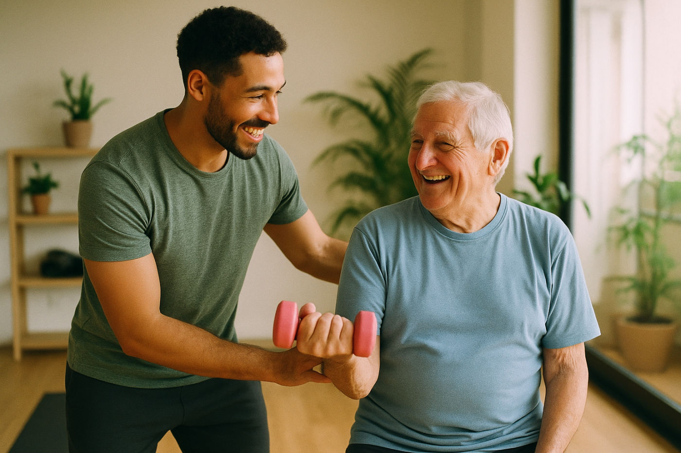 Personal Trainer trainiert aktiven Senior im hellen Studio