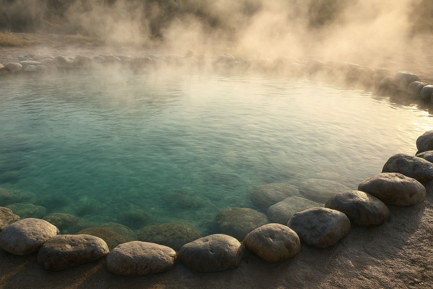 Dampfendes Thermalbecken mit klarem Mineralwasser und Natursteinen