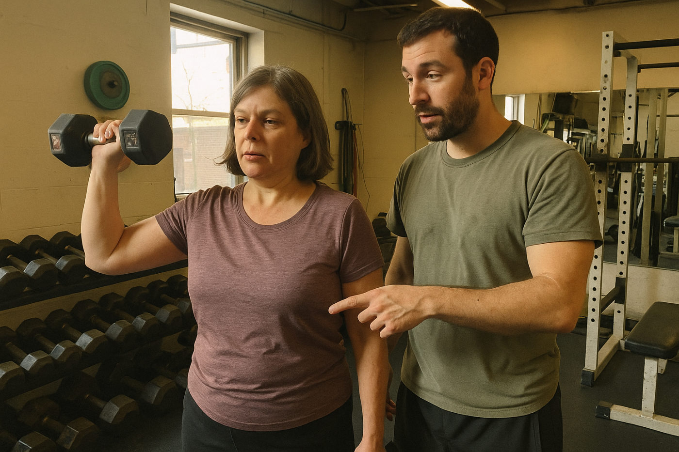 Fitnesstrainer Lizenz Fitnesstrainer coacht eine Kundin im Studio zur Fitnesstrainer-Lizenz