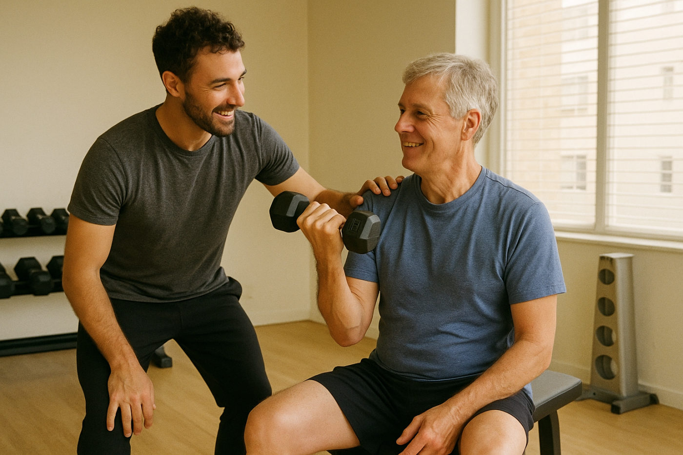 Fitnesstraining ab 60 Trainer betreut einen älteren Menschen beim Krafttraining im Studio