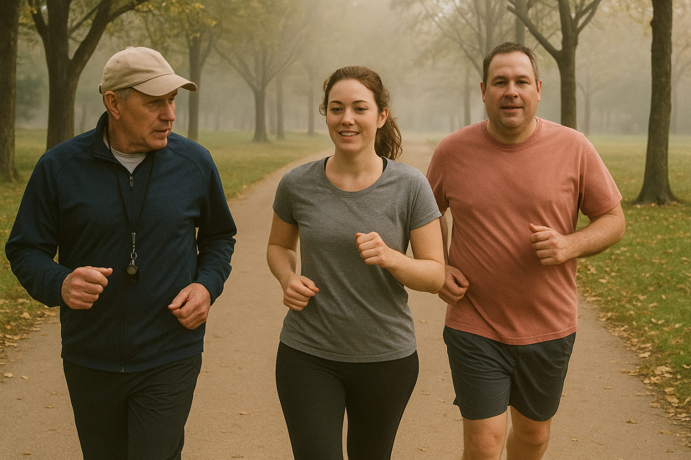 Outdoor-Lauftraining Lauftraining im Freien mit Trainer und Laufgruppe im Park