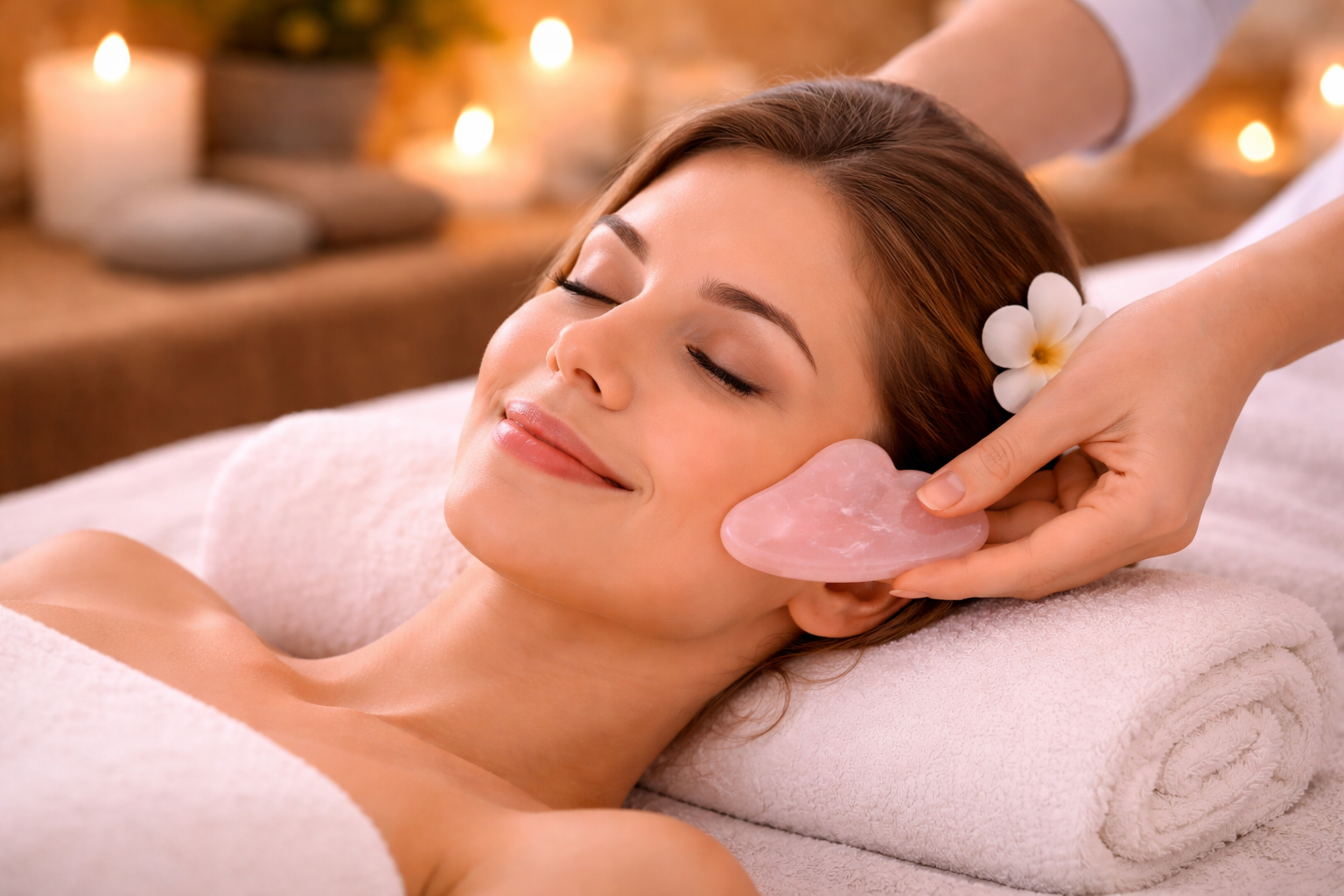 Gua-Sha-Gesichtsmassage mit einem flachen Schabewerkzeug im Spa