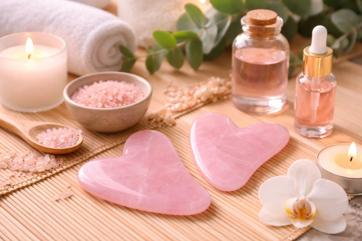 Gua-Sha-Schaber aus Stein mit Wellness-Produkten arrangiert