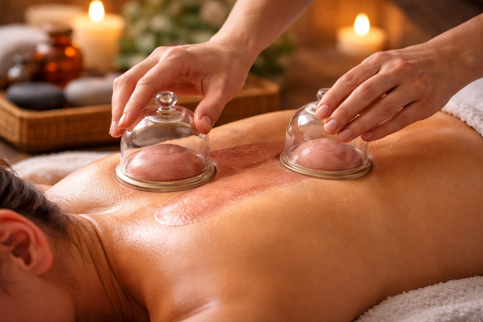 Schröpfmassage mit gleitenden Schröpfgläsern auf dem Rücken
