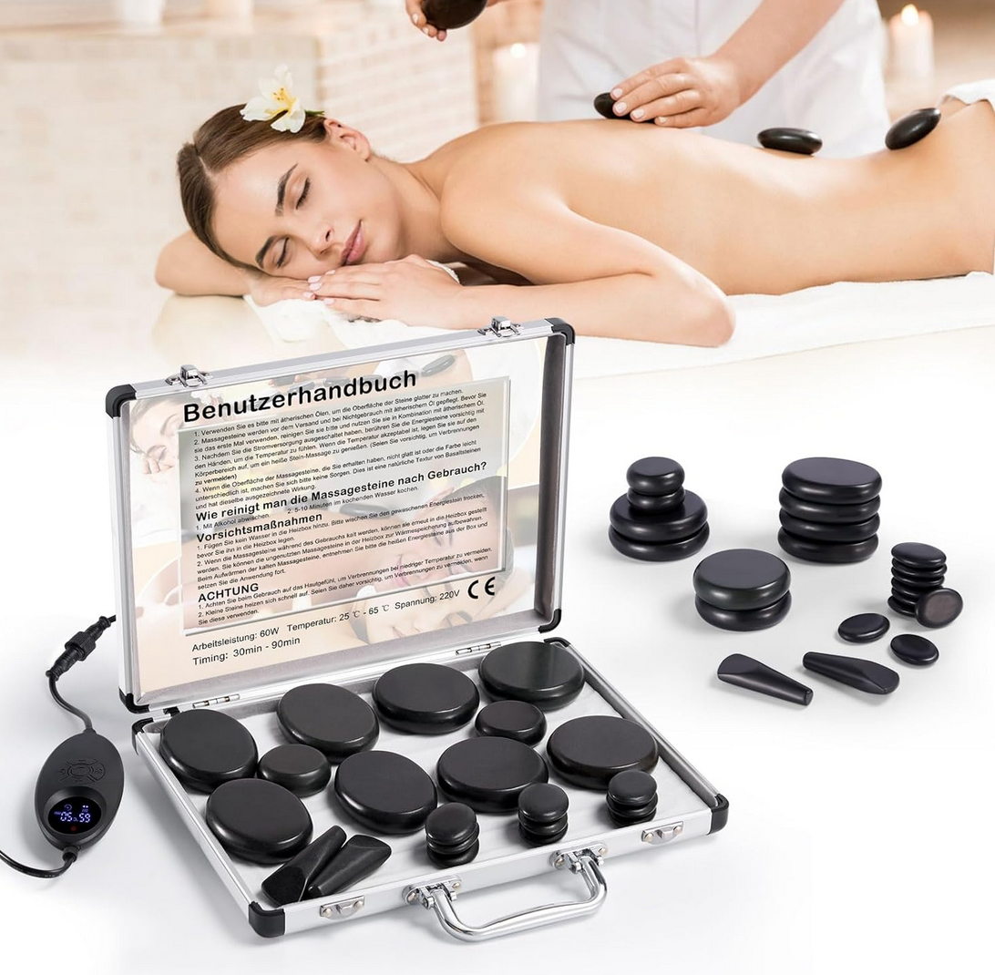 Bild zu Hot Stone Massage Set, Lavasteine für Massage, 21 Stück Basalt Massagesteine im Wärmegerät