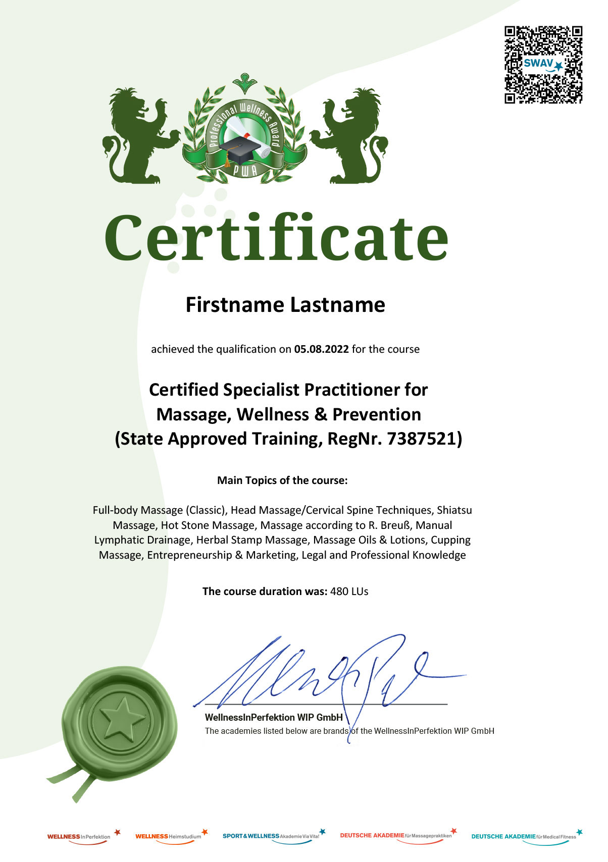 Gedrucktes englisches PWA-Certificate